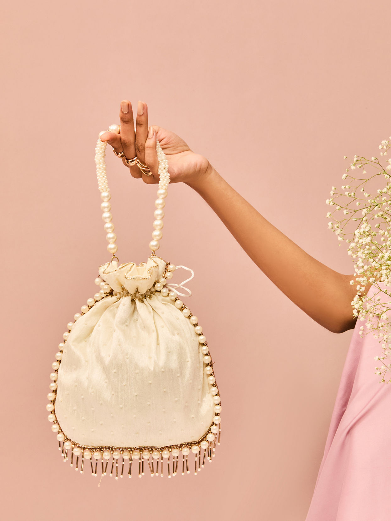 Mohey Women Dark Cream Rhinestone Embellished Potli Bag