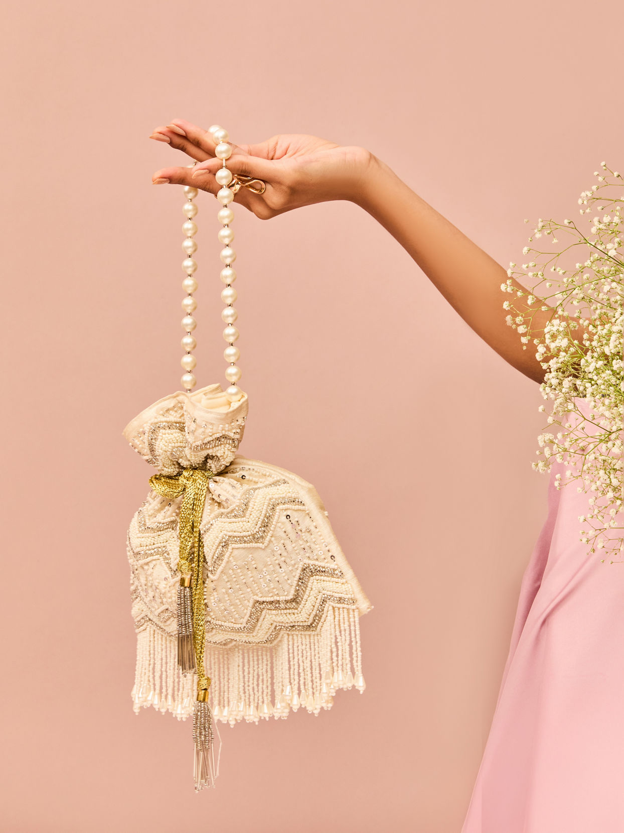 Mohey Women Dark Cream Rhinestone Embellished Potli Bag