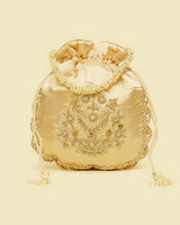 Mohey Women Beige Floral Embroidered Potli Bag with Pearl