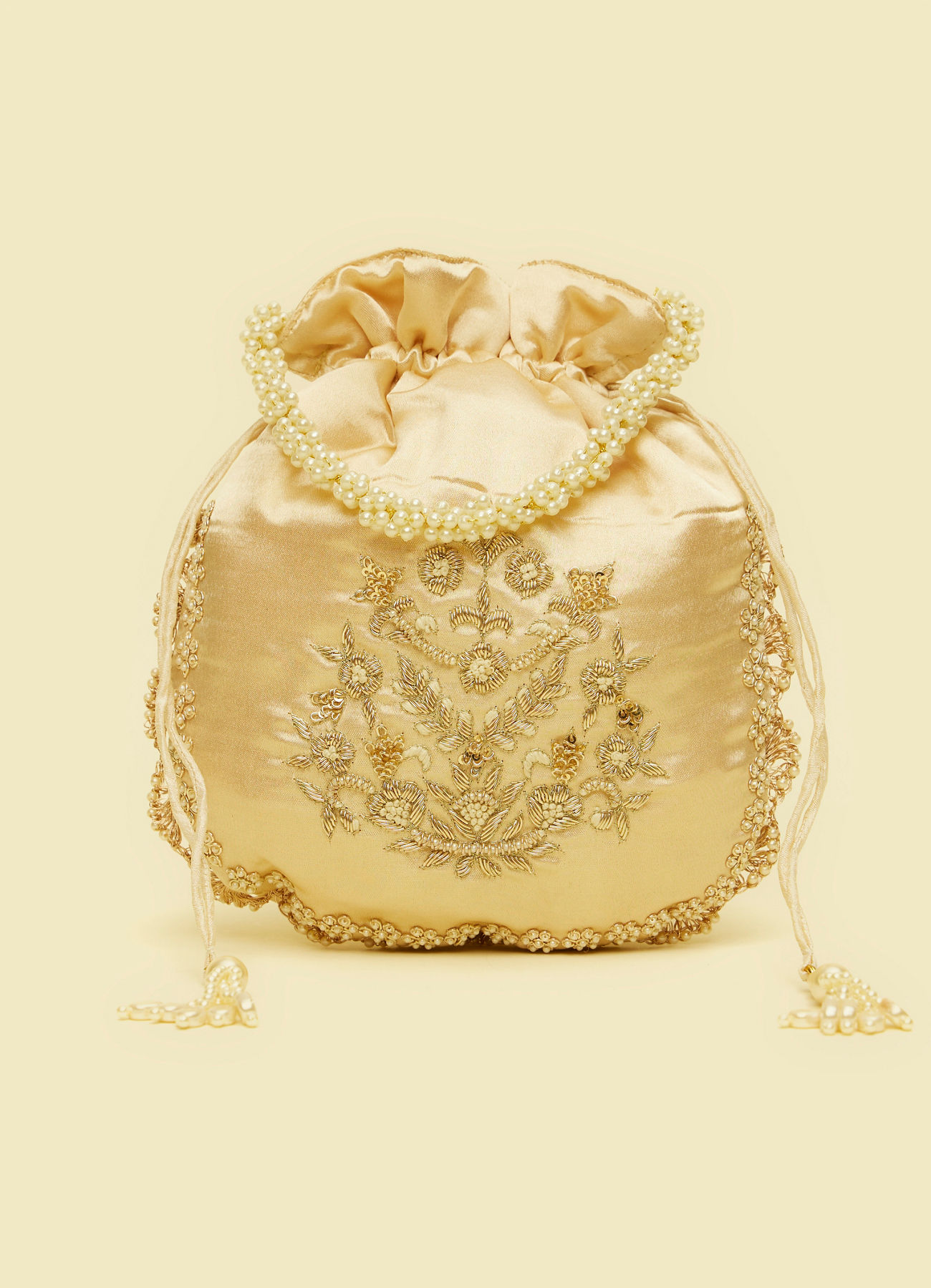 Mohey Women Beige Floral Embroidered Potli Bag with Pearl