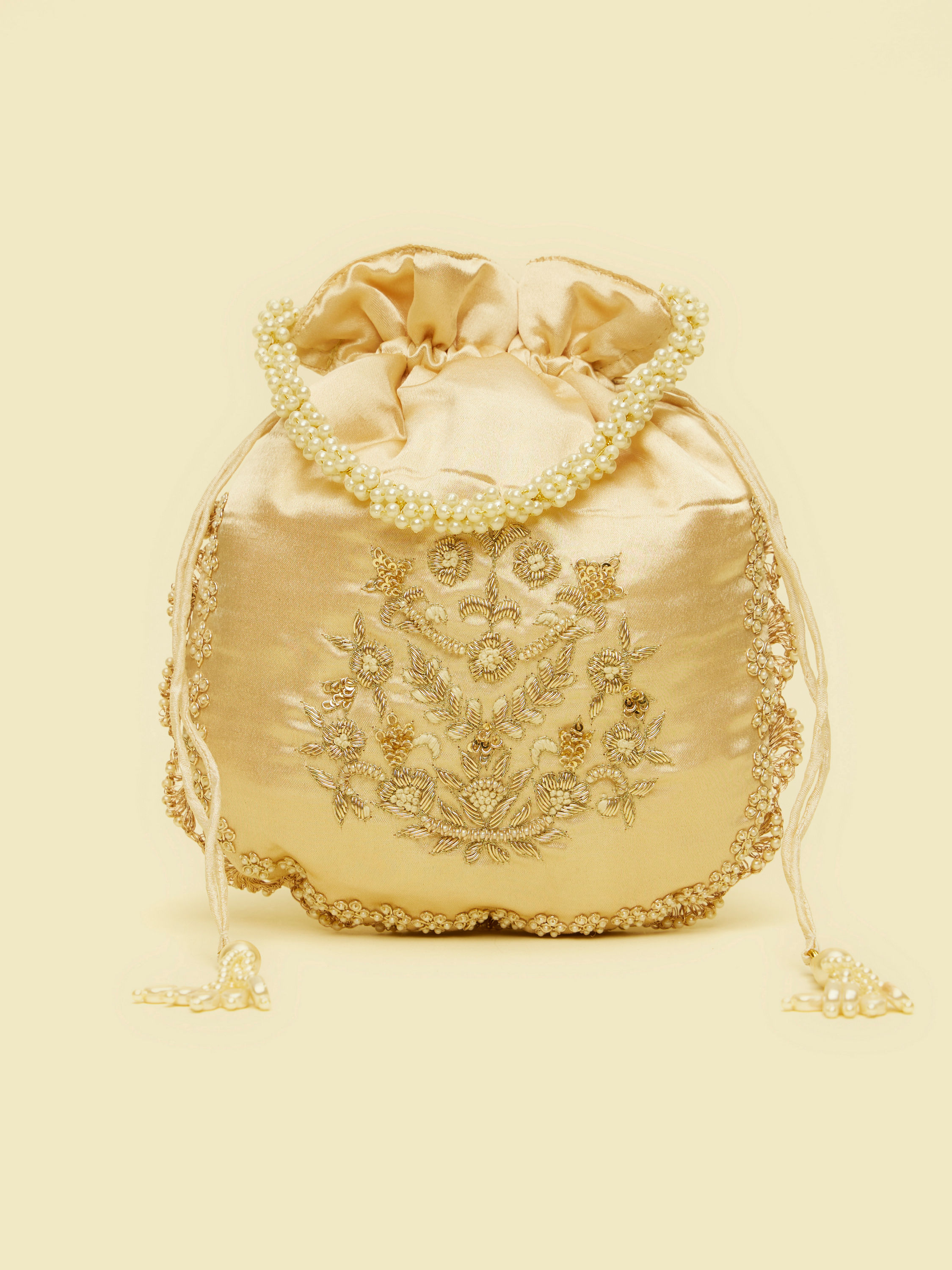 Mohey Women Beige Floral Embroidered Potli Bag with Pearl