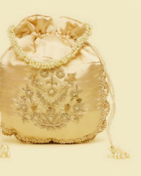 Mohey Women Beige Floral Embroidered Potli Bag with Pearl