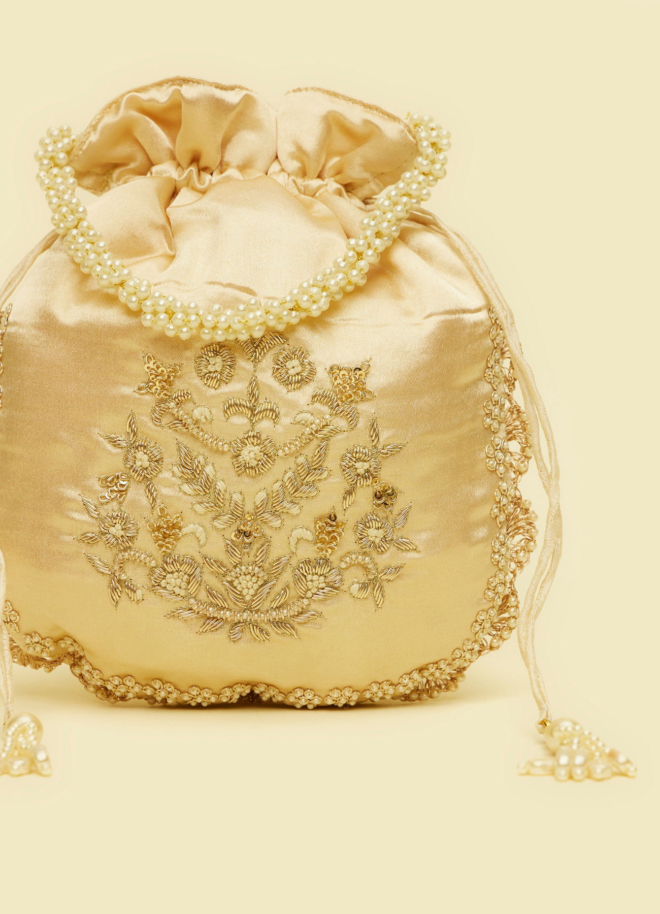 Mohey Women Beige Floral Embroidered Potli Bag with Pearl