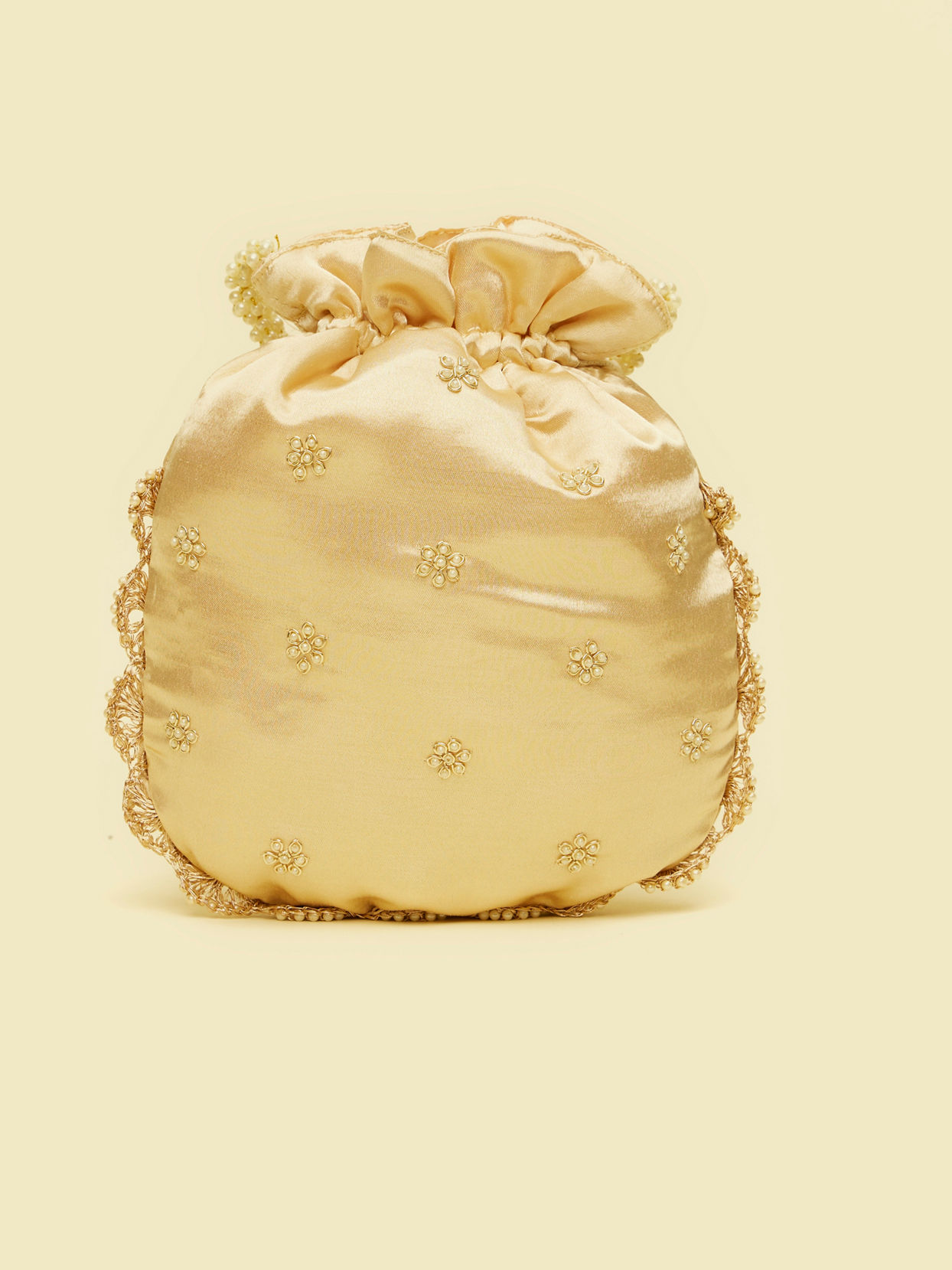 Mohey Women Beige Floral Embroidered Potli Bag with Pearl