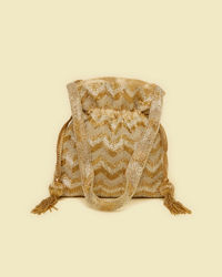 Mohey Women Beige Rhinestone Embellished Chevron Patterned Potli Bag