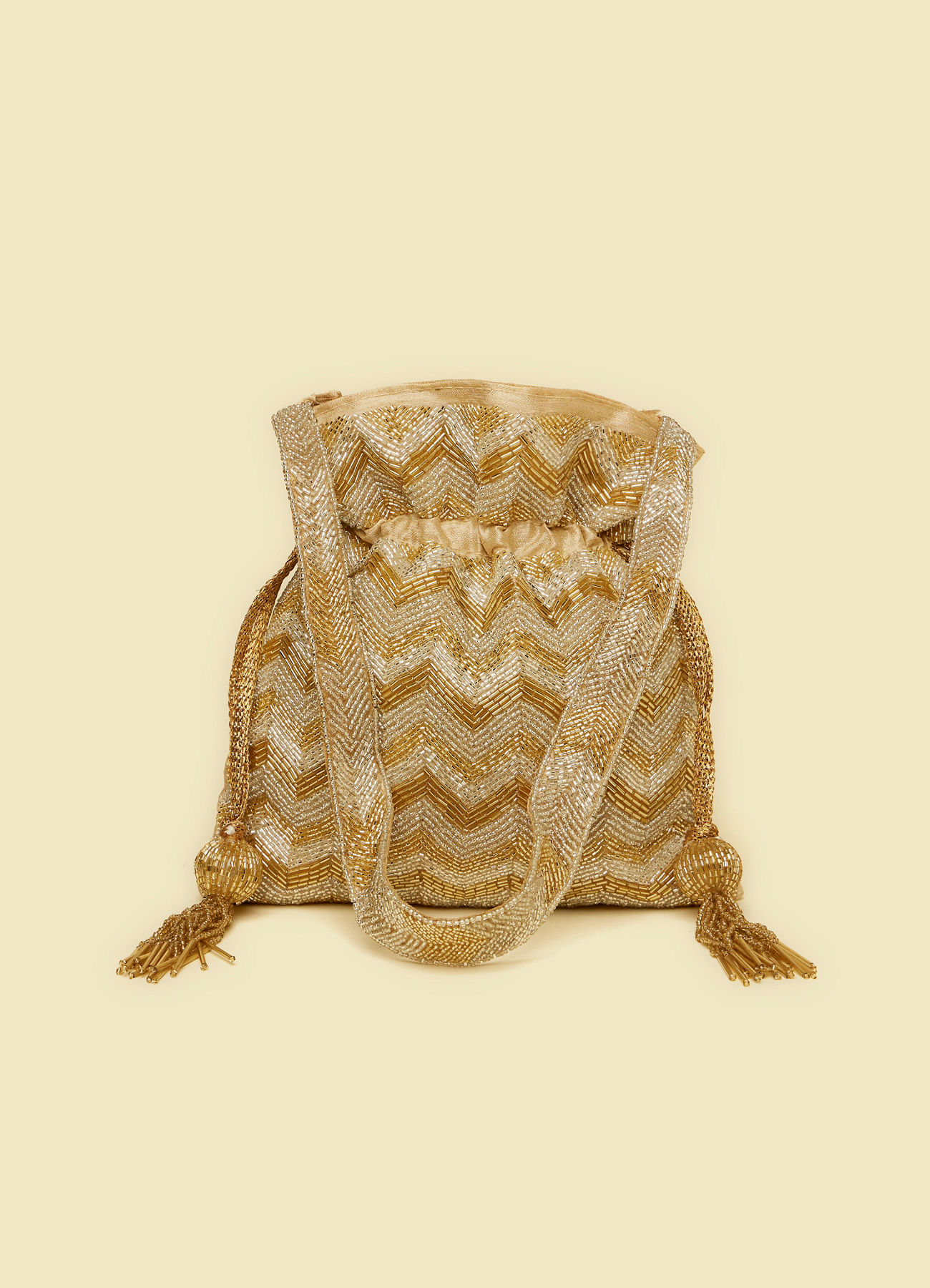 Mohey Women Beige Rhinestone Embellished Chevron Patterned Potli Bag