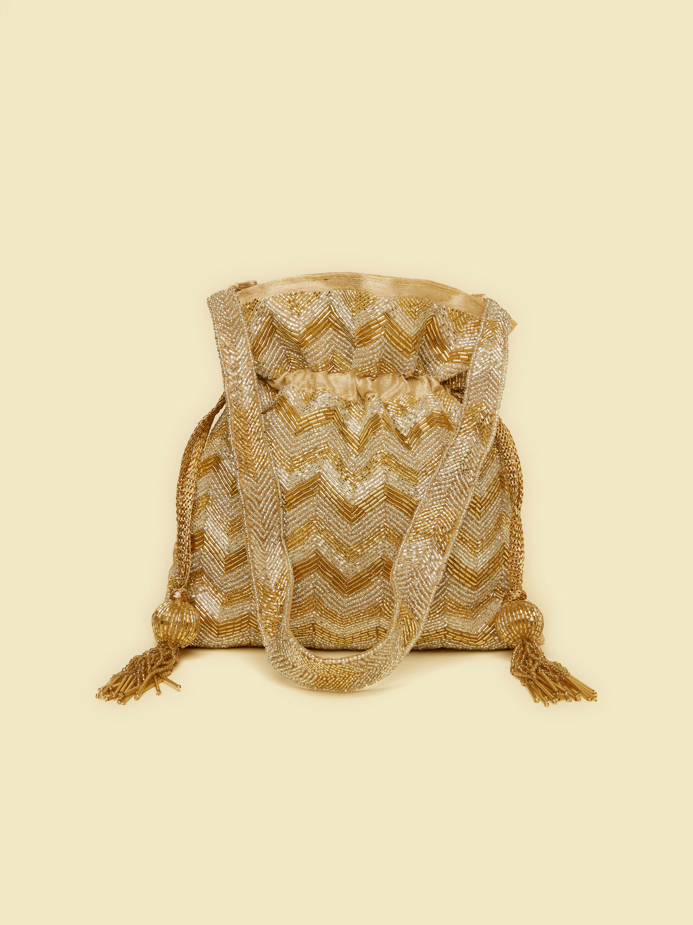 Mohey Women Beige Rhinestone Embellished Chevron Patterned Potli Bag