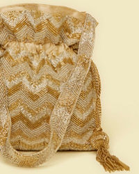 Mohey Women Beige Rhinestone Embellished Chevron Patterned Potli Bag