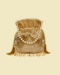 Mohey Women Beige Hand Embroidered Silk with Moti and Stone Work Bag