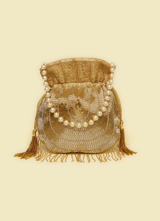 alt message - Mohey Women Beige Hand-Embroidered Silk with Moti and Stone Work Bag image number 0