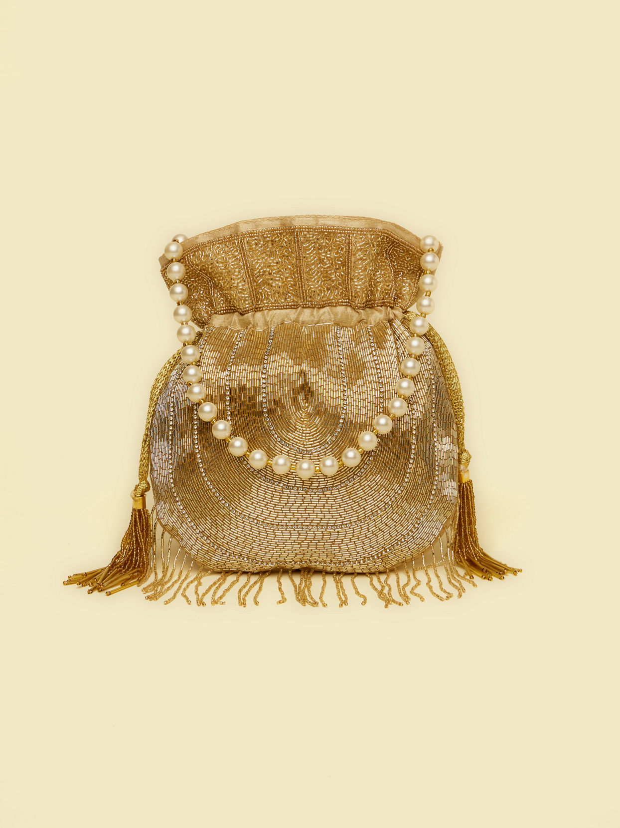 alt message - Mohey Women Beige Hand-Embroidered Silk with Moti and Stone Work Bag image number 0