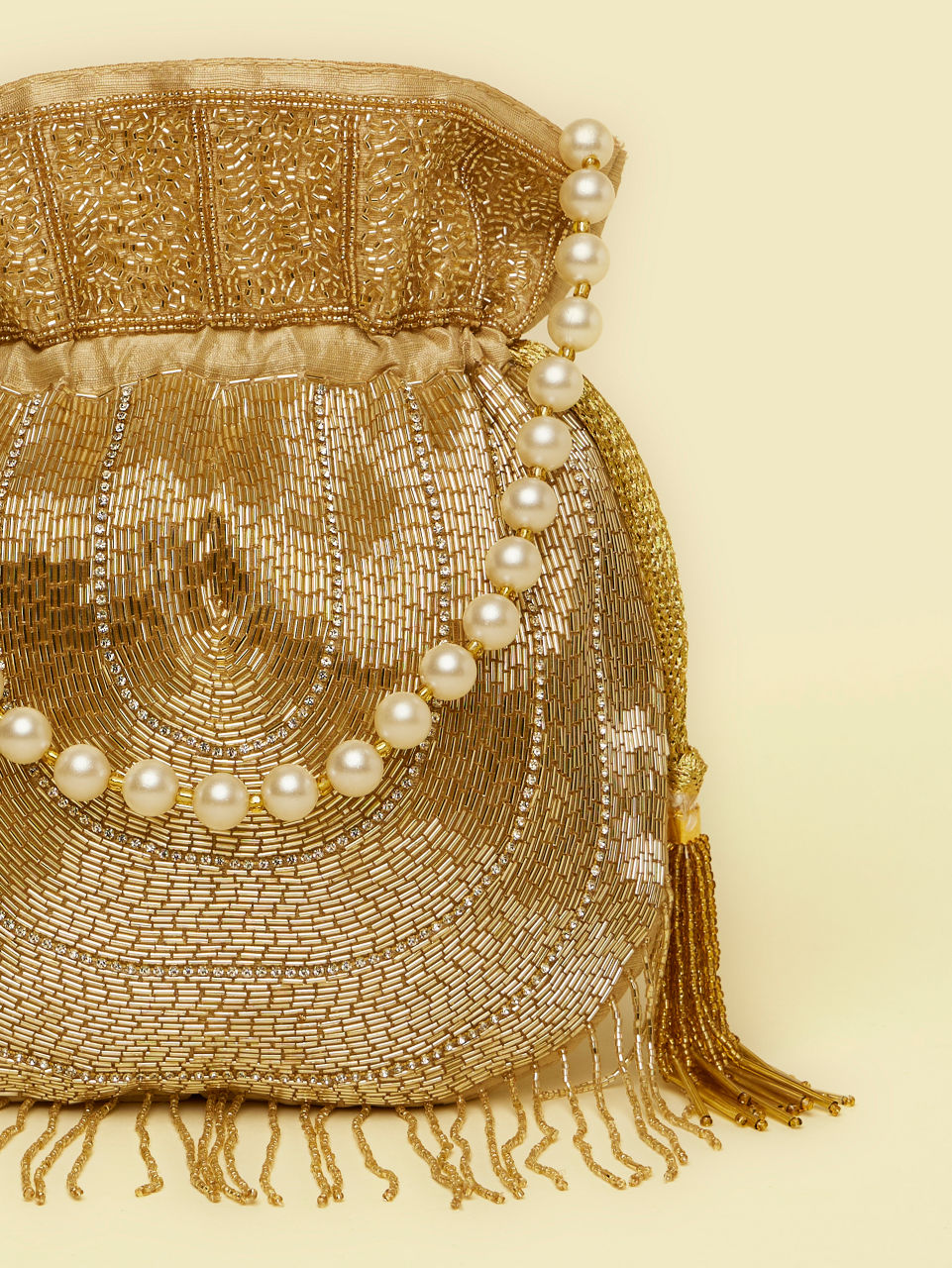 Mohey Women Beige Hand Embroidered Silk with Moti and Stone Work Bag