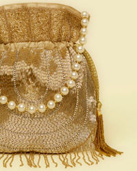 Mohey Women Beige Hand Embroidered Silk with Moti and Stone Work Bag