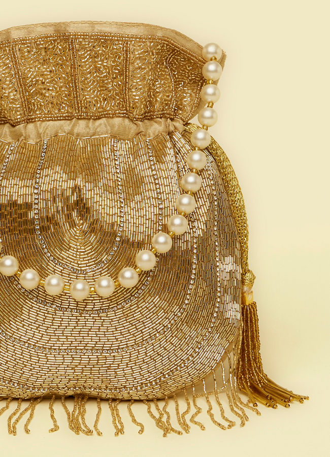 Mohey Women Beige Hand Embroidered Silk with Moti and Stone Work Bag