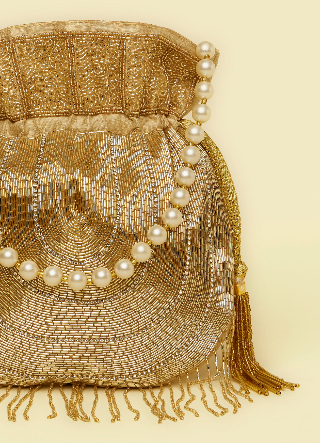 Mohey Women Beige Hand Embroidered Silk with Moti and Stone Work Bag
