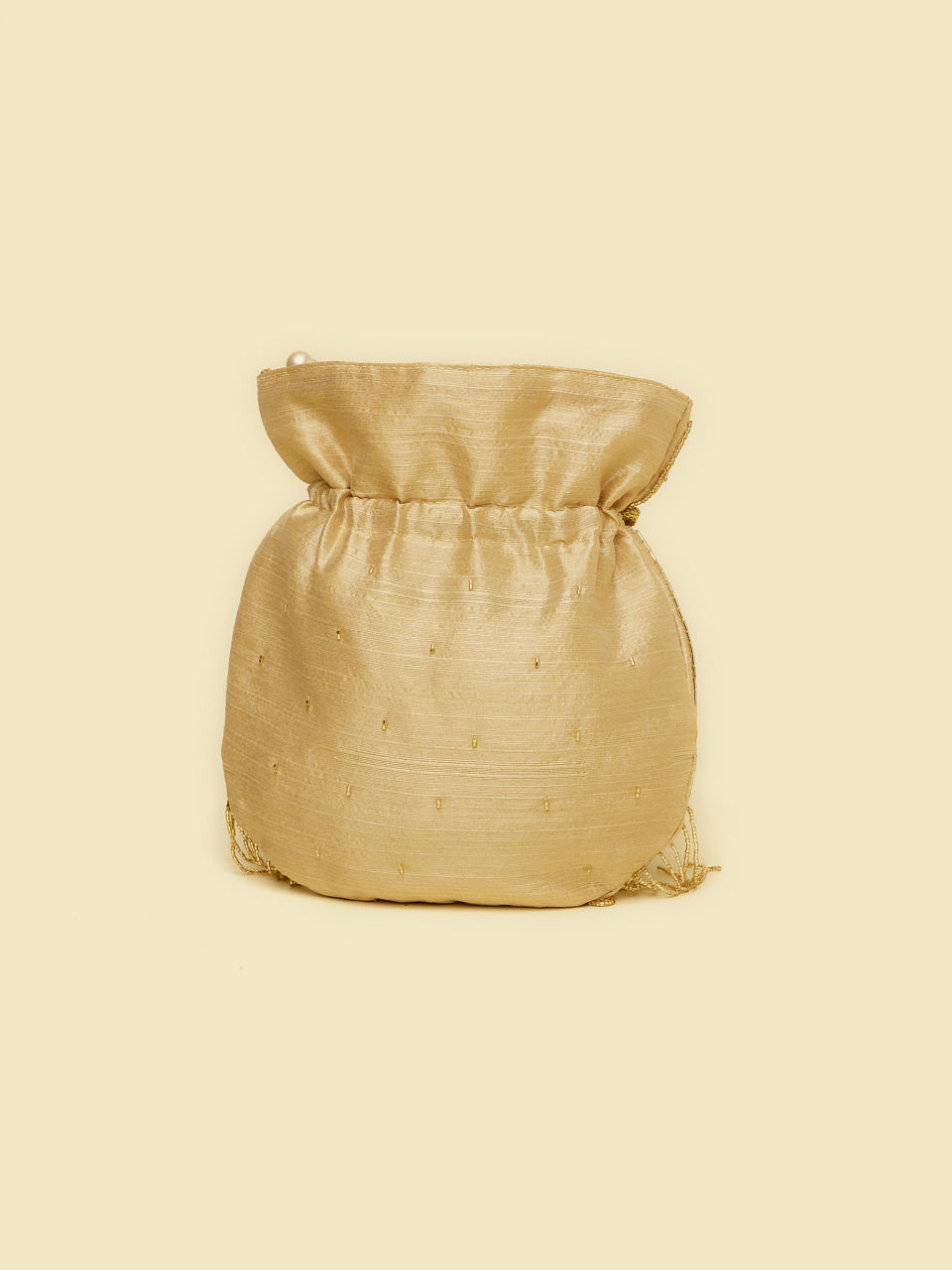 Mohey Women Beige Hand Embroidered Silk with Moti and Stone Work Bag