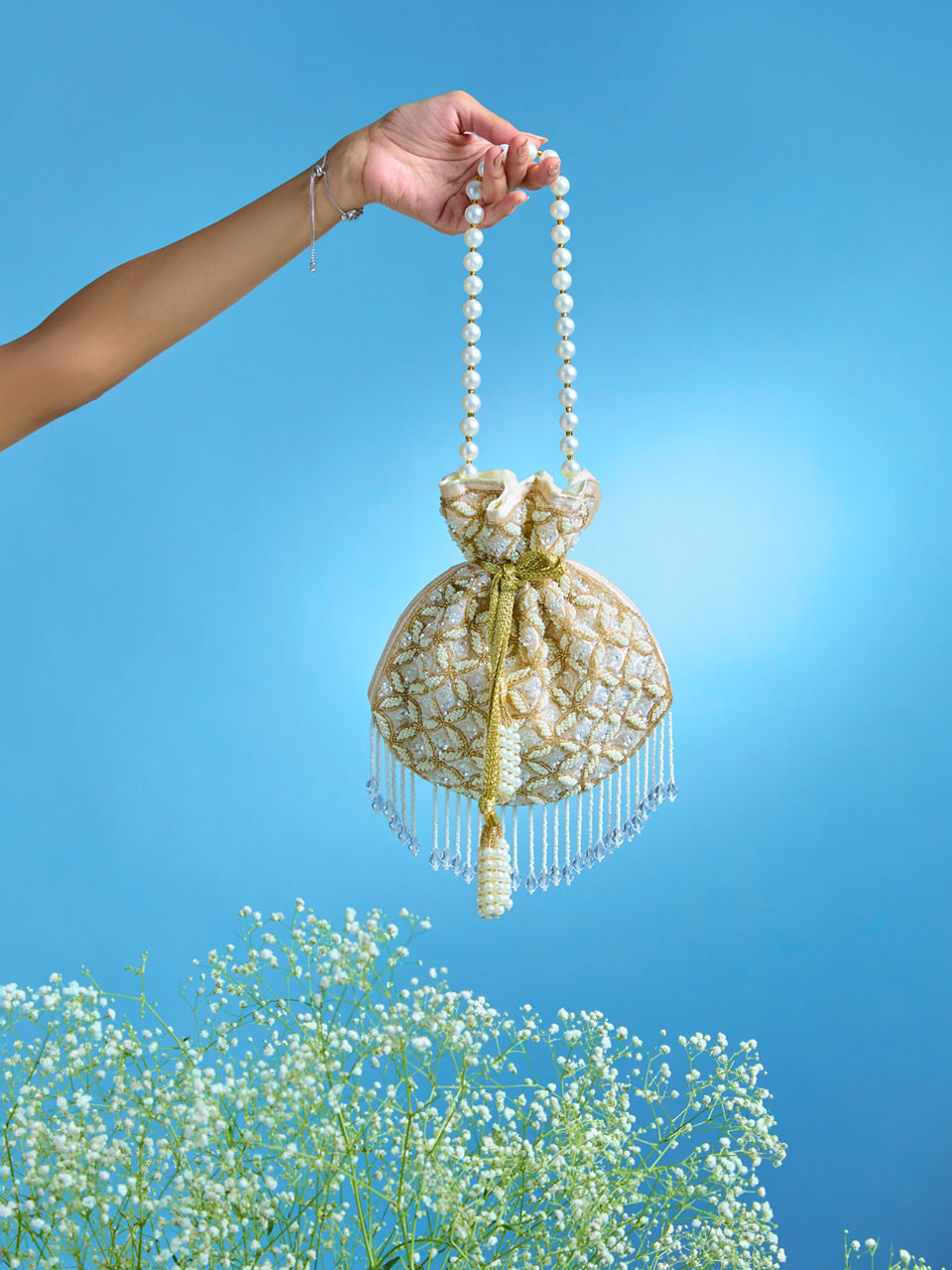 Mohey Women Fawn Pearl Embellished Potli Bag with Stone Work