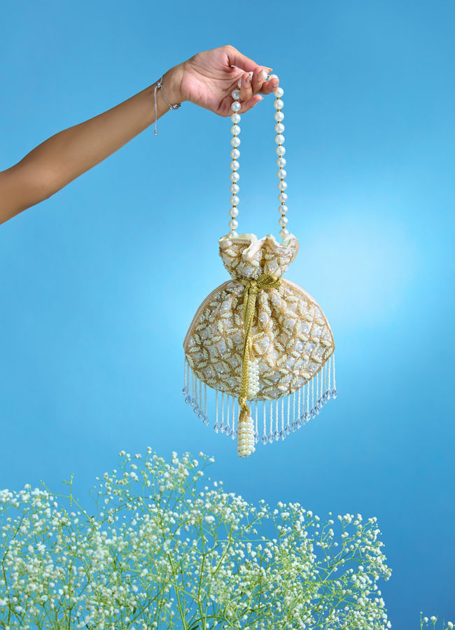 Mohey Women Fawn Pearl Embellished Potli Bag with Stone Work