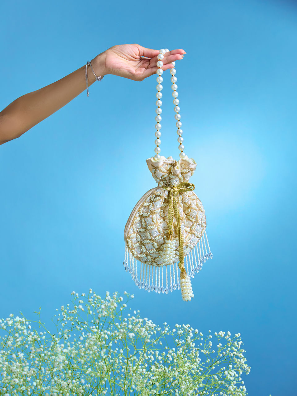 Mohey Women Fawn Pearl Embellished Potli Bag with Stone Work