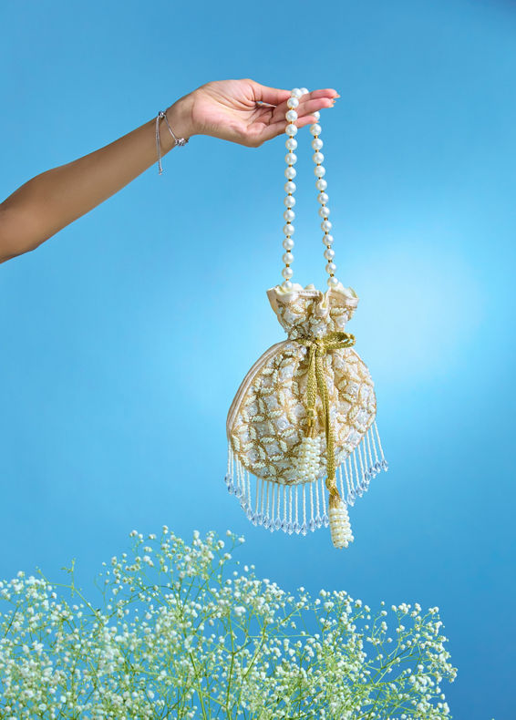 Mohey Women Fawn Pearl Embellished Potli Bag with Stone Work