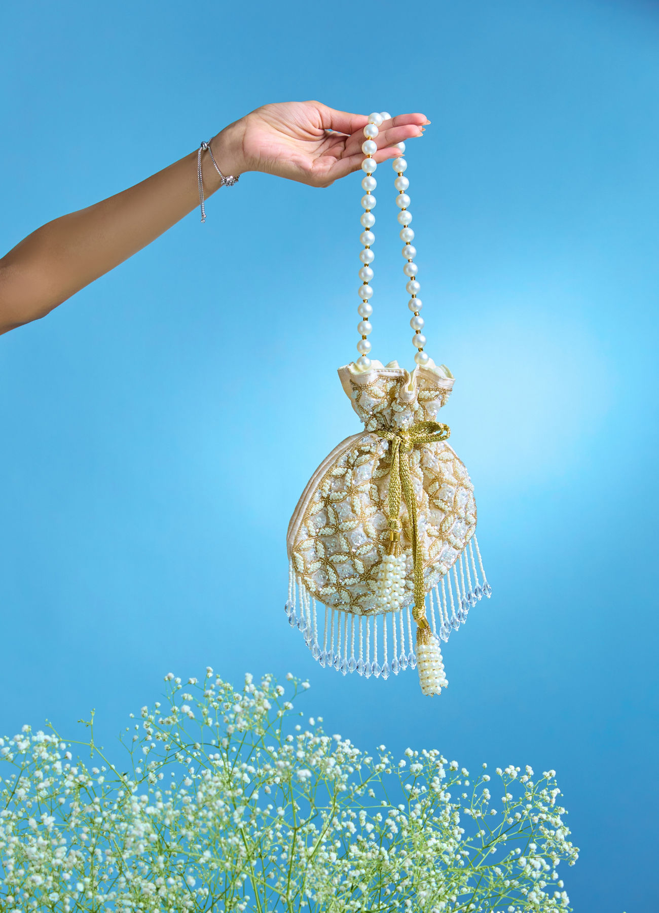 Mohey Women Fawn Pearl Embellished Potli Bag with Stone Work