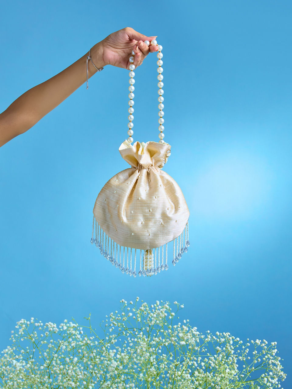 Mohey Women Fawn Pearl Embellished Potli Bag with Stone Work