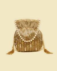 Mohey Women Beige Rhinestone Embellished Potli Bag with Stone Work