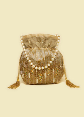 alt message - Mohey Women Beige Rhinestone Embellished Potli Bag with Stone Work image number 0