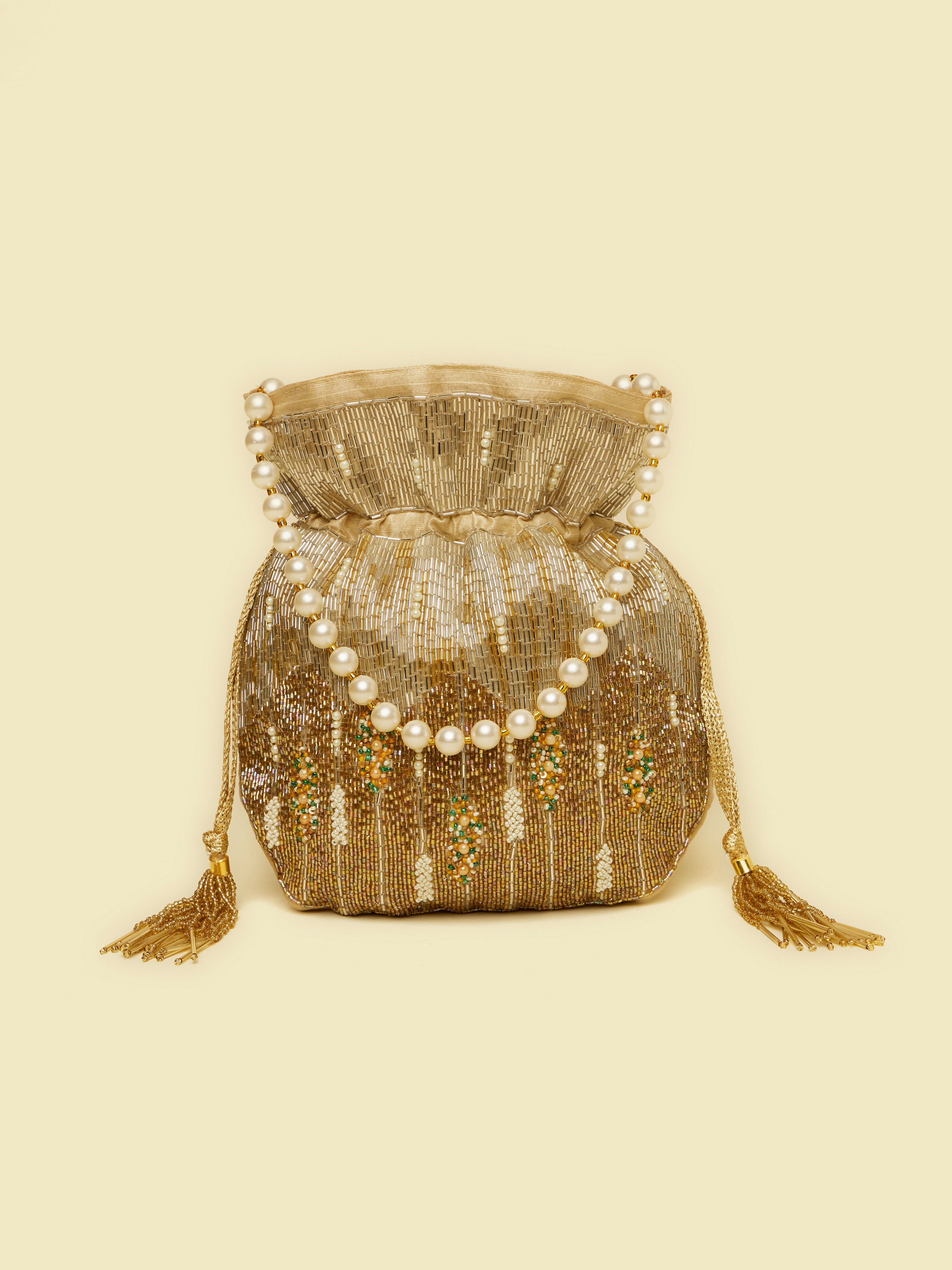 Mohey Women Beige Rhinestone Embellished Potli Bag with Stone Work