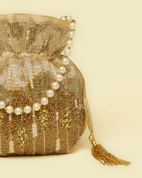 Mohey Women Beige Rhinestone Embellished Potli Bag with Stone Work