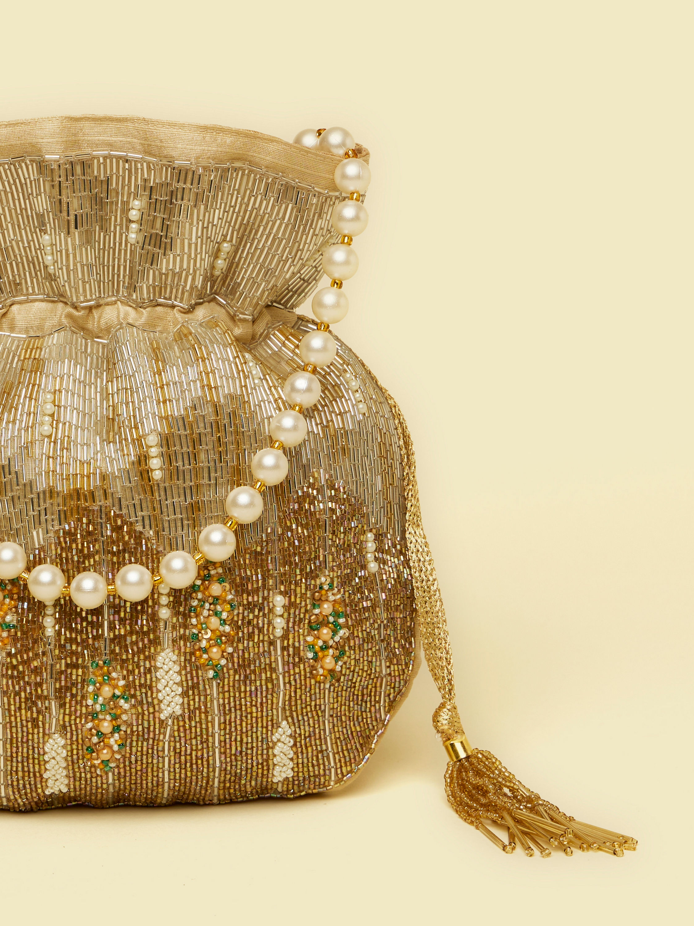 Mohey Women Beige Rhinestone Embellished Potli Bag with Stone Work