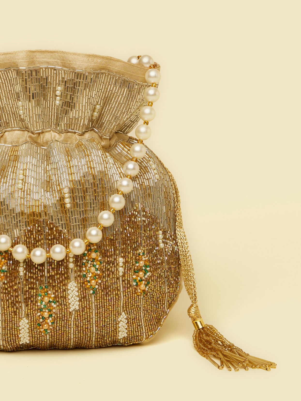Mohey Women Beige Rhinestone Embellished Potli Bag with Stone Work