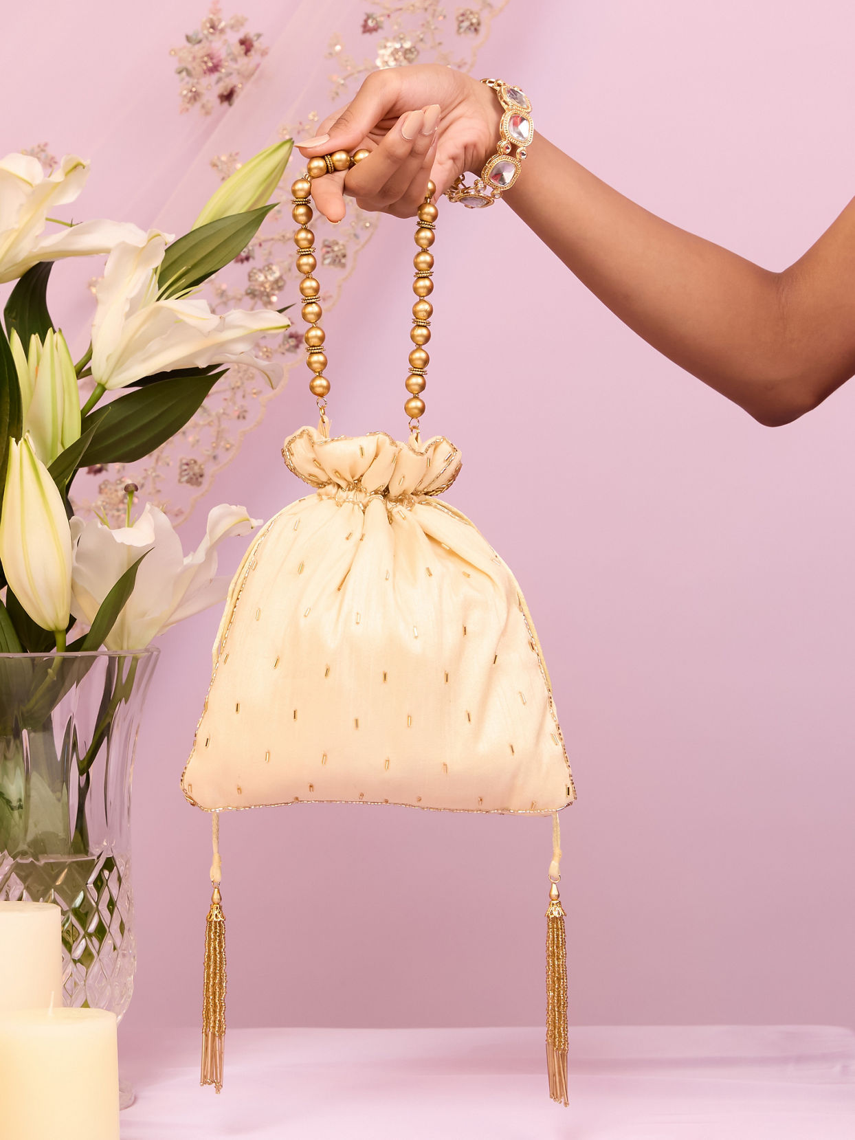 Mohey Women Gold Art Silk Potli Bag