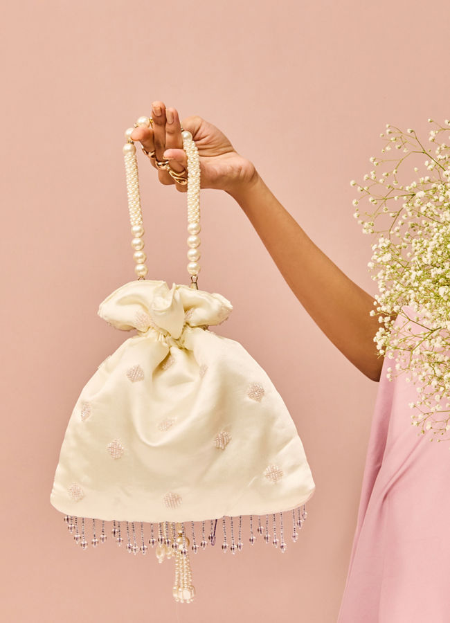 Mohey Women Satin Touch Cream Potli Bag