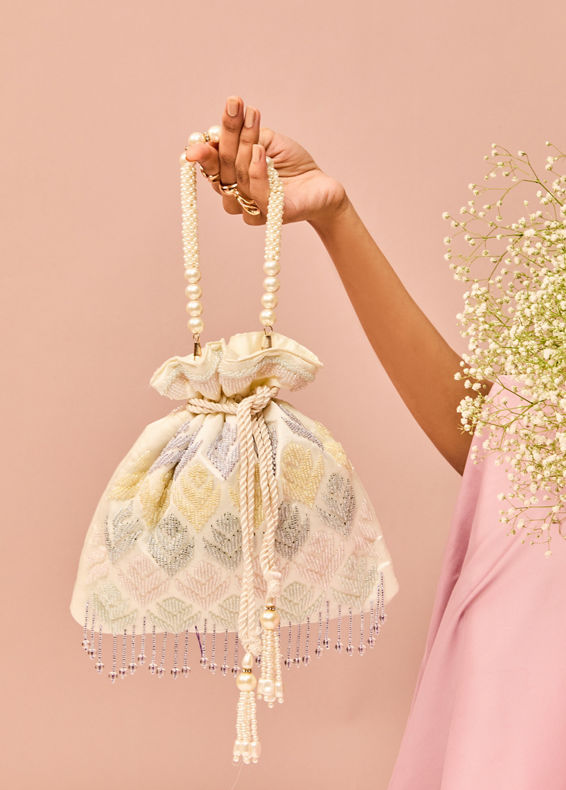 Mohey Women Satin Touch Cream Potli Bag