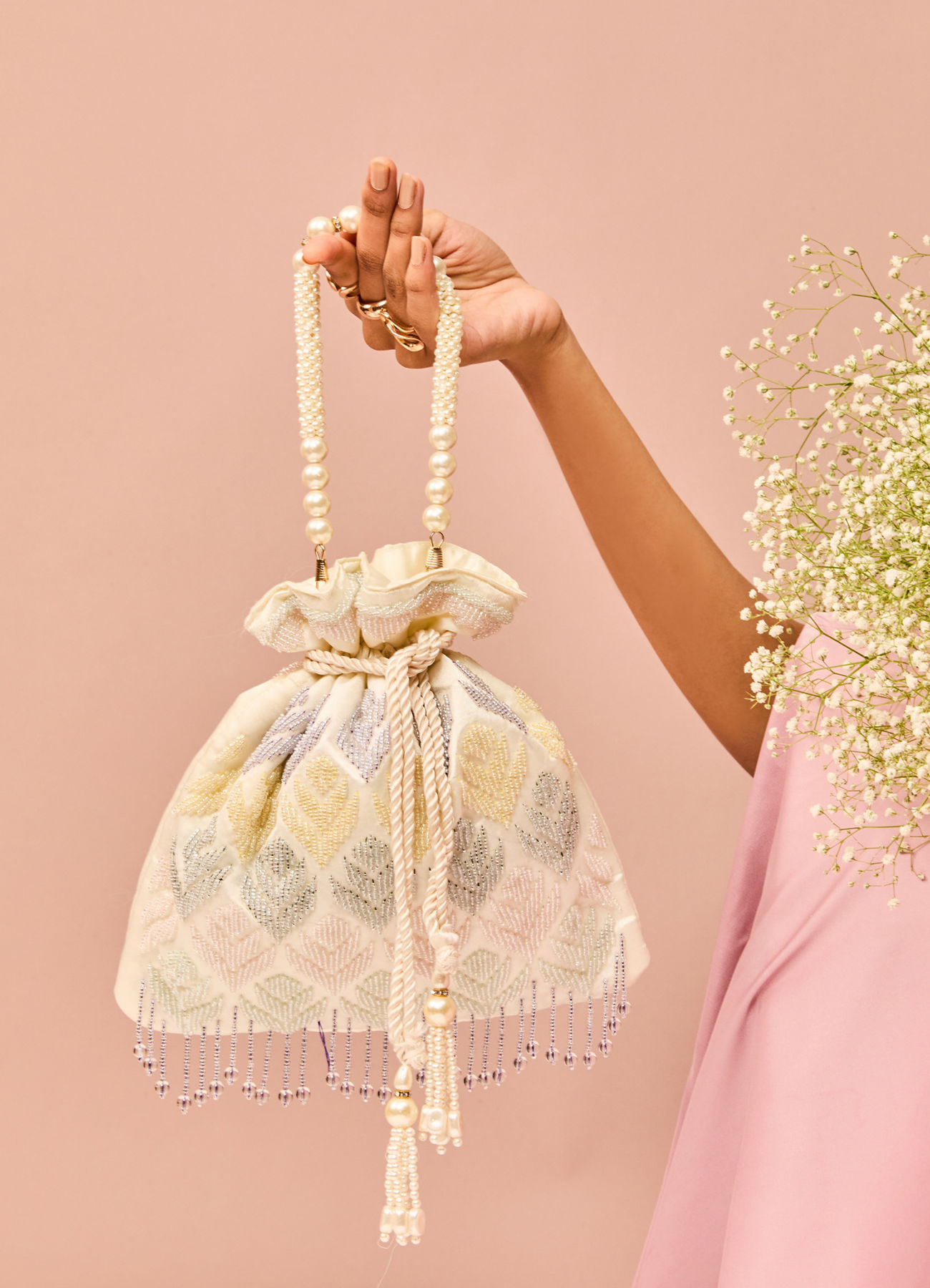 Mohey Women Satin Touch Cream Potli Bag