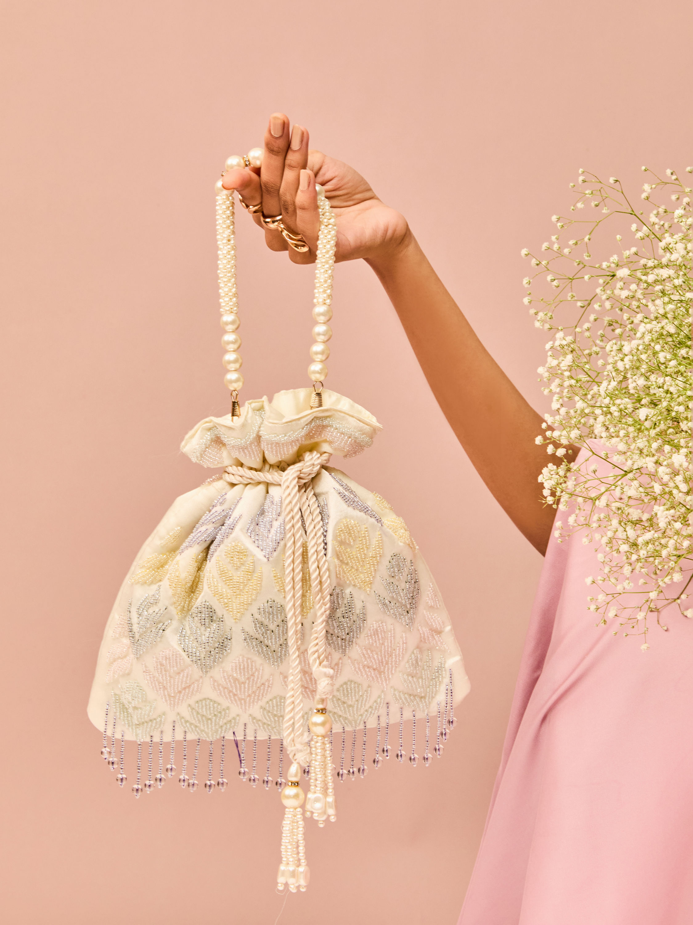 Mohey Women Satin Touch Cream Potli Bag