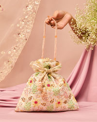 Mohey Women Cream Elegance Art Silk Potli Bag