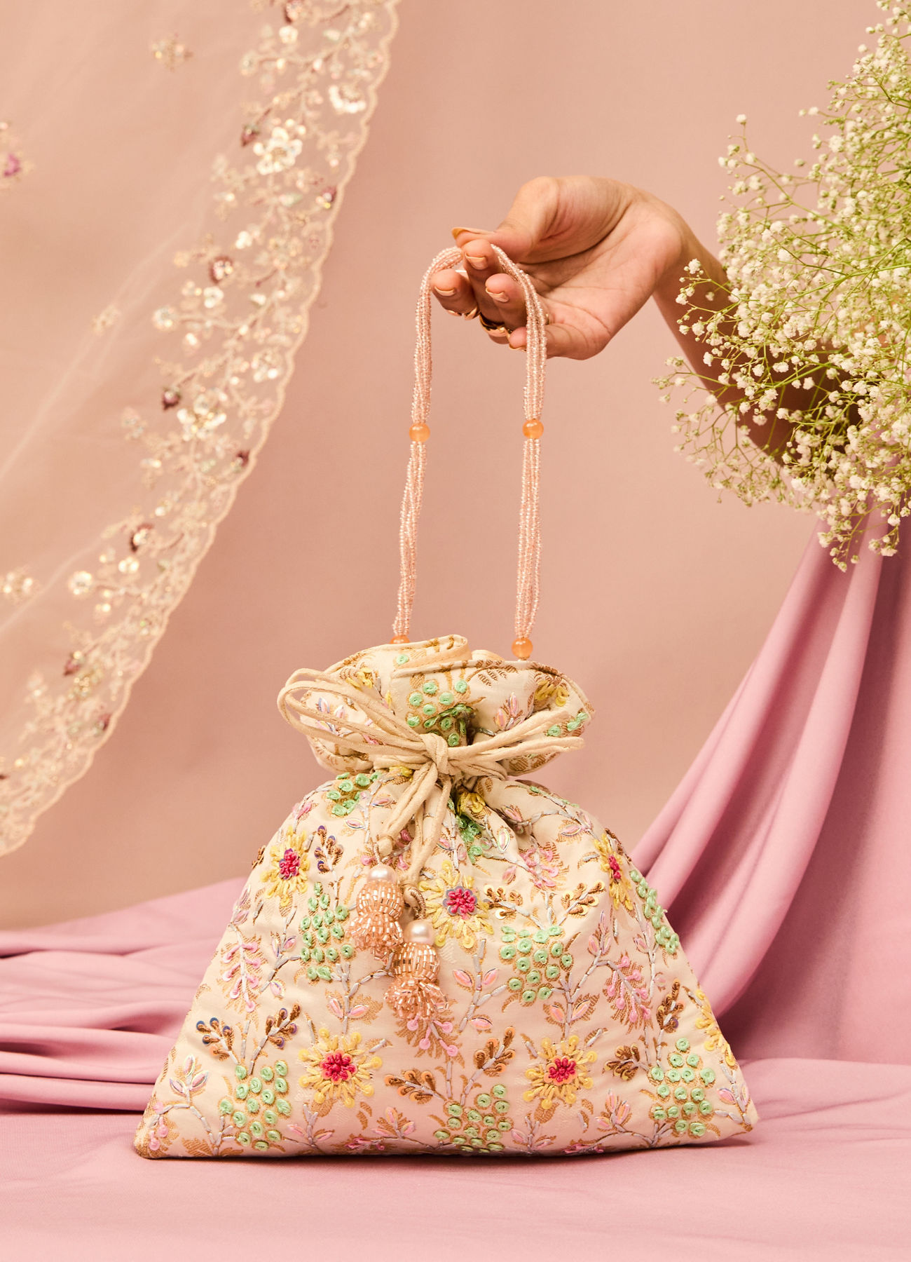 Mohey Women Cream Elegance Art Silk Potli Bag