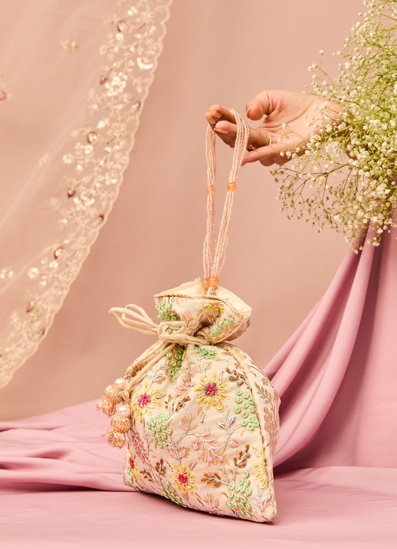 Mohey Women Cream Elegance Art Silk Potli Bag