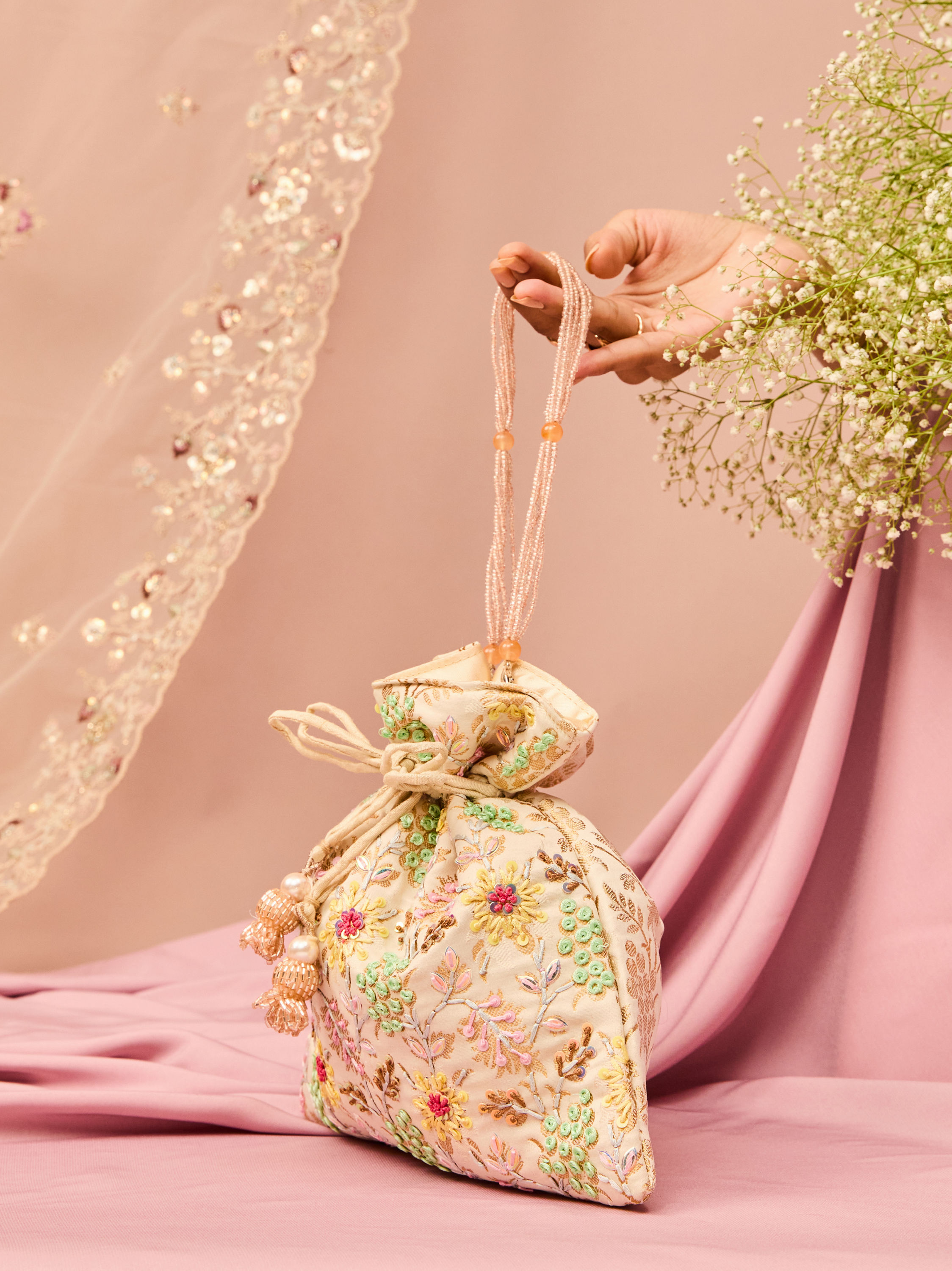 Mohey Women Cream Elegance Art Silk Potli Bag