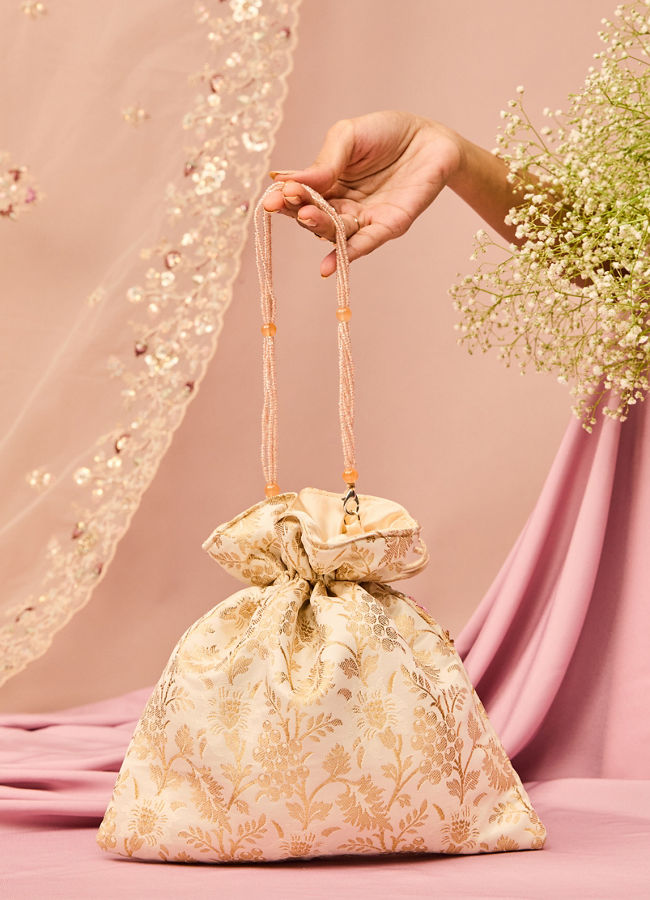 Mohey Women Cream Elegance Art Silk Potli Bag