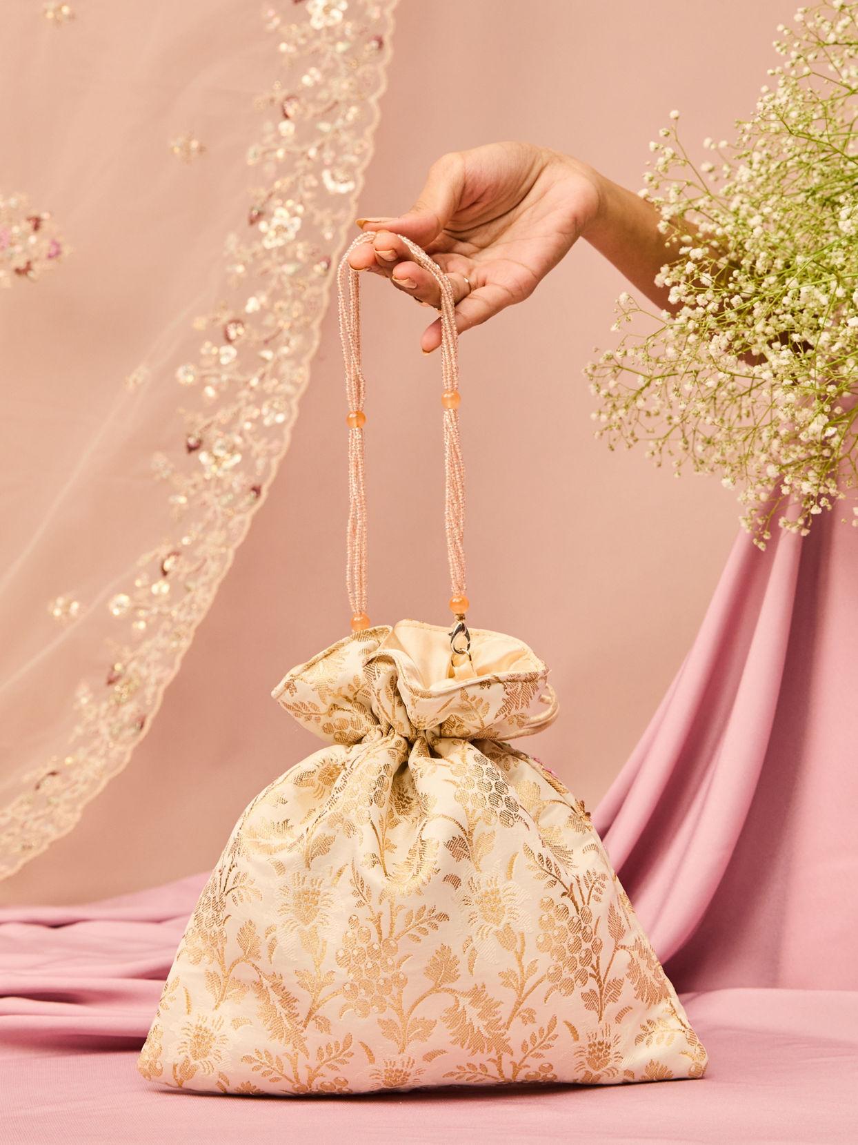 Mohey Women Cream Elegance Art Silk Potli Bag