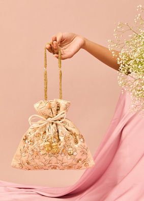 Mohey Women Beige Satin Potli Bag