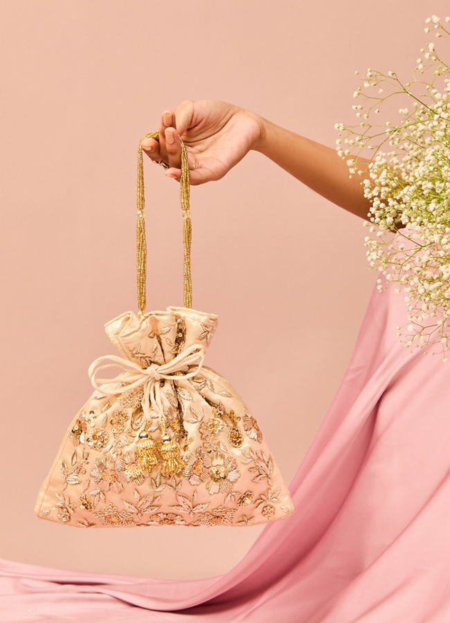 Mohey Women Beige Satin Potli Bag