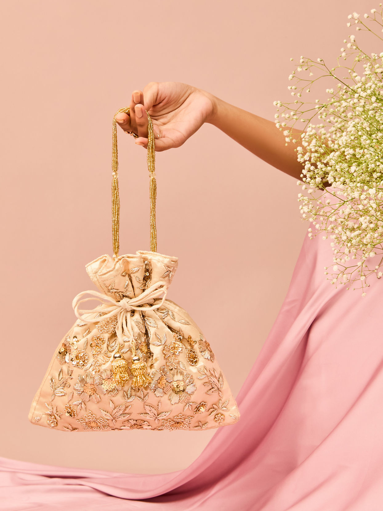 Mohey Women Beige Satin Potli Bag