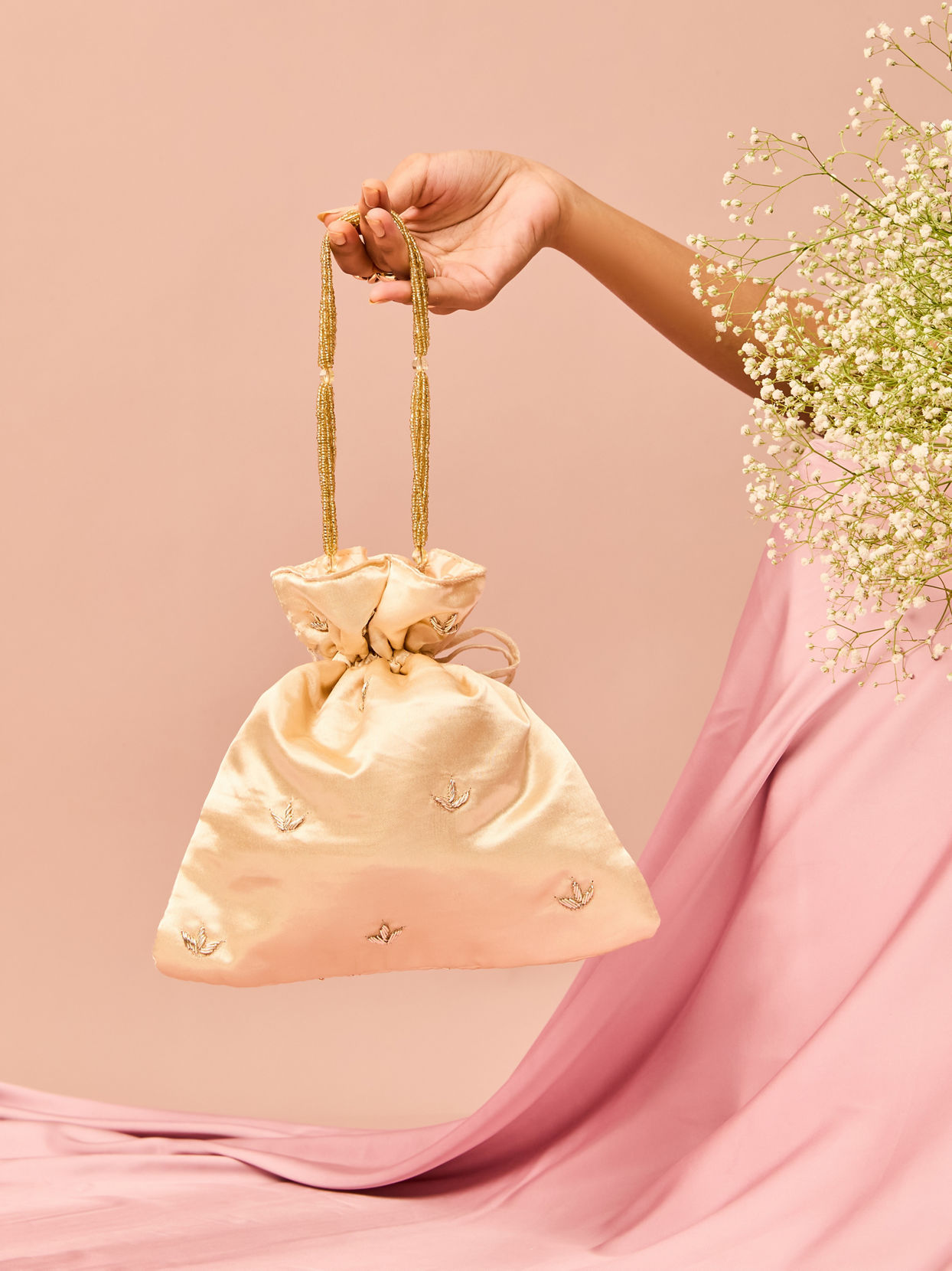 Mohey Women Beige Satin Potli Bag