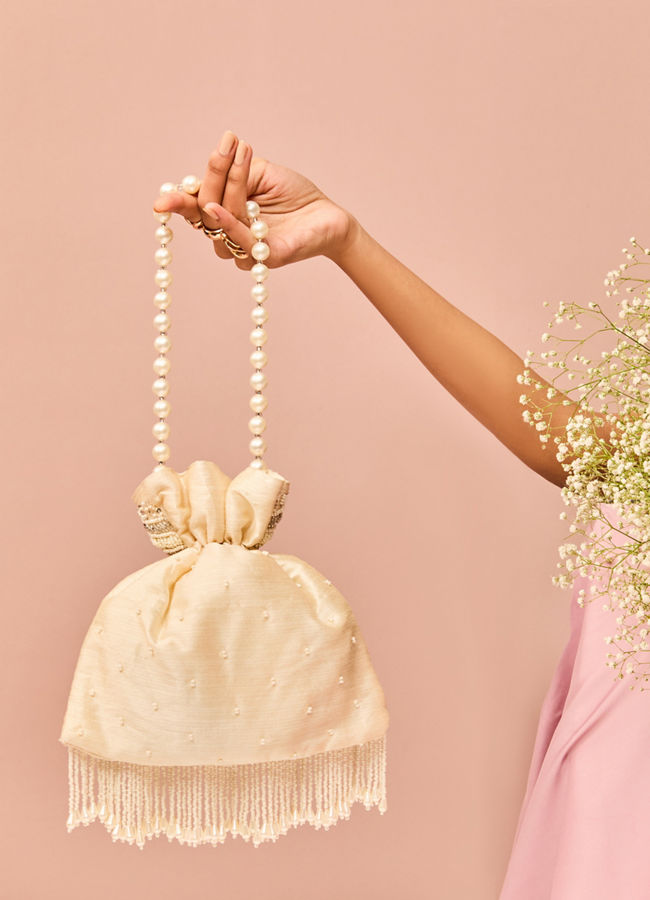 Mohey Women Splendid Cream Satin Potli Bag