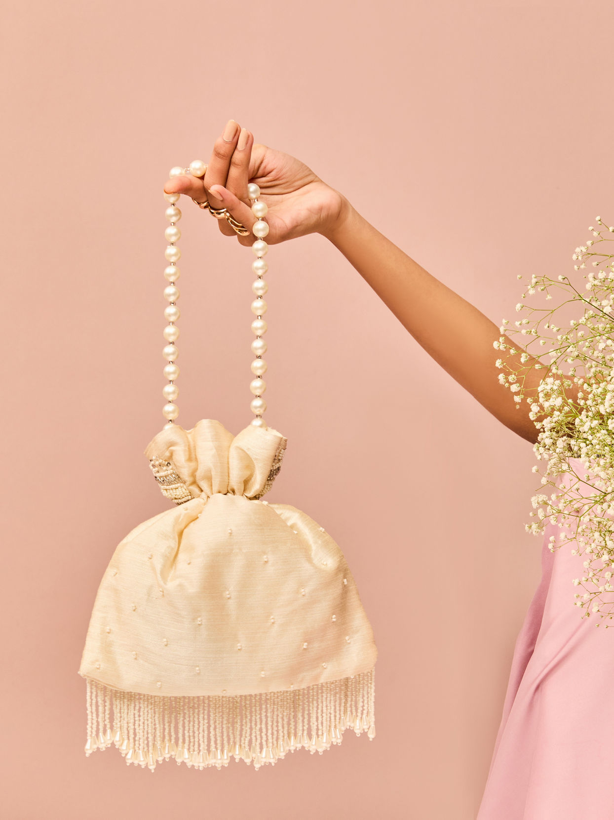 Mohey Women Splendid Cream Satin Potli Bag