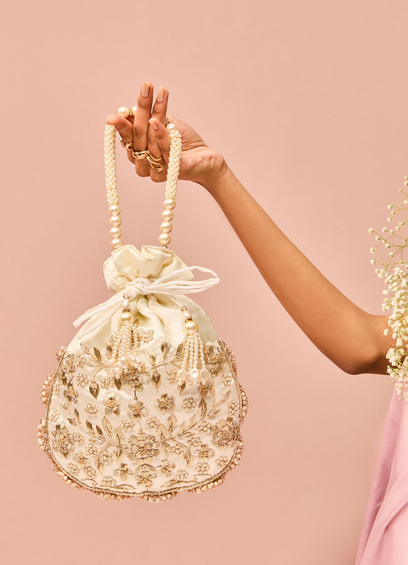 Mohey Women Splendid Cream Satin Potli Bag